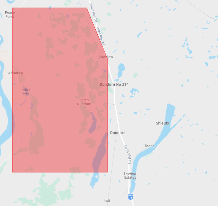 Camp Dundurn restricted airspace (CYR 301) shown in red, with Shields, Dundurn, and Thode service areas to the east in flyable airspace.