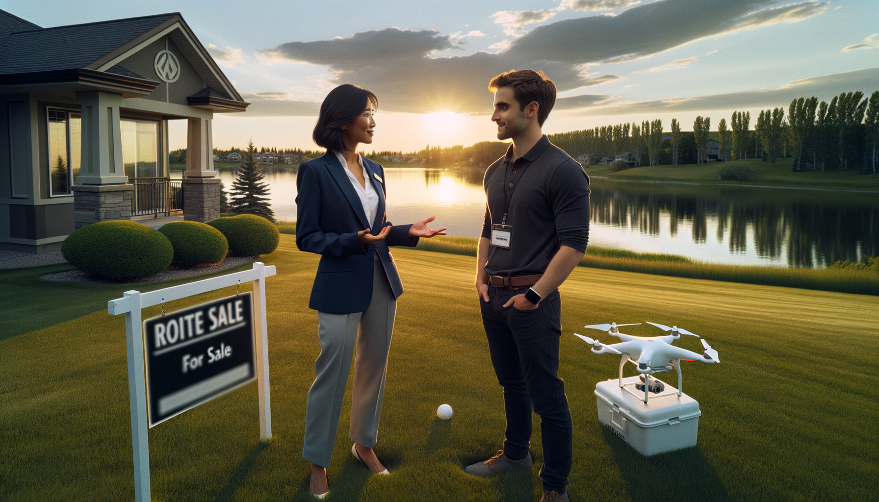 Drone pilot meeting with a realtor in front of a home